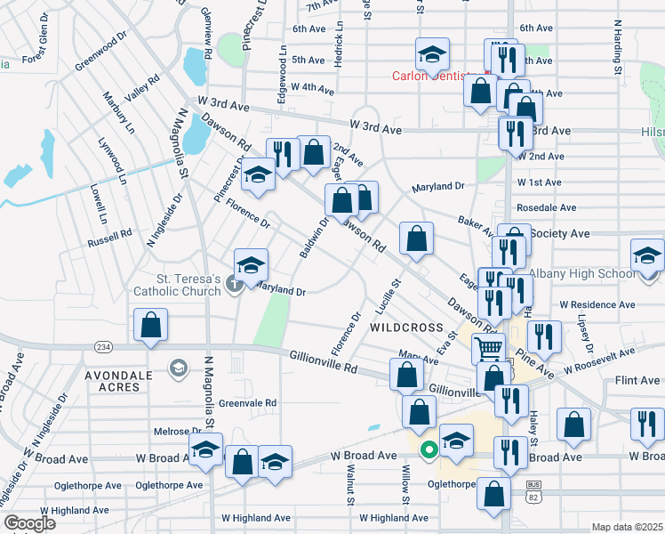 map of restaurants, bars, coffee shops, grocery stores, and more near 1613 Maryland Drive in Albany