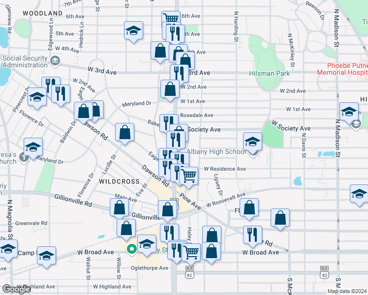 map of restaurants, bars, coffee shops, grocery stores, and more near 603 North Haley Street in Albany