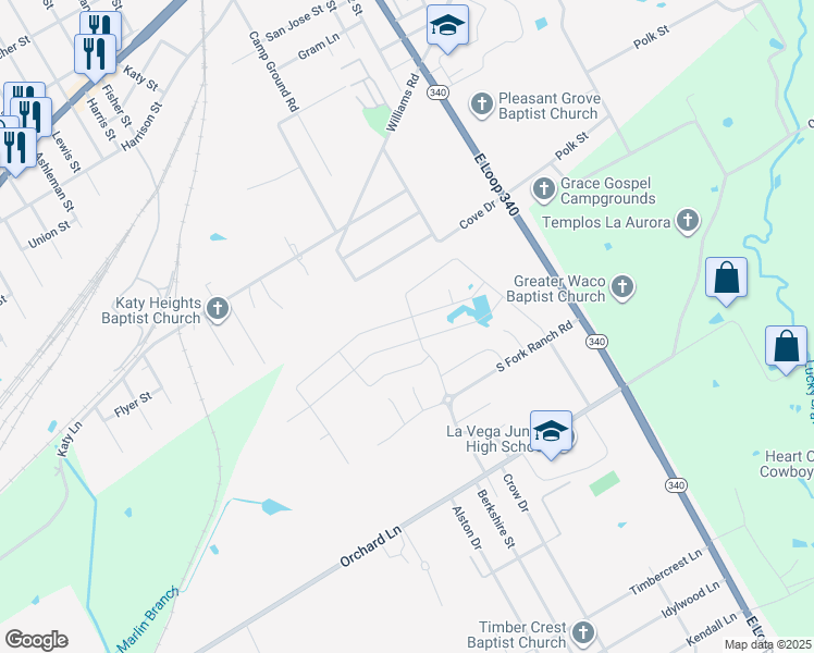 map of restaurants, bars, coffee shops, grocery stores, and more near 1025 East Loop 340 in Waco