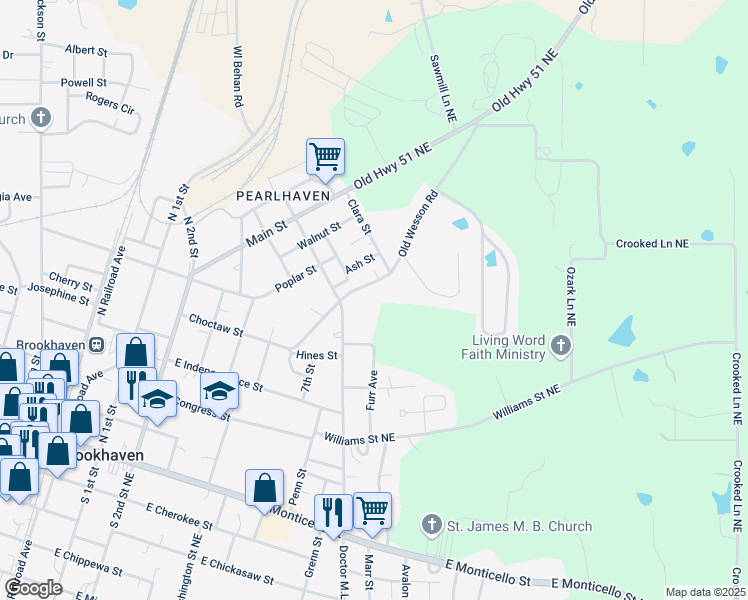 map of restaurants, bars, coffee shops, grocery stores, and more near 300 Old Wesson Road Northeast in Brookhaven