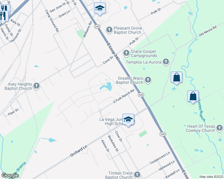 map of restaurants, bars, coffee shops, grocery stores, and more near 4250-4350 South Fork Ranch Road in Waco