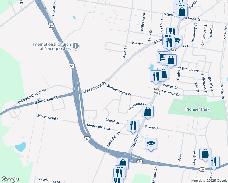 map of restaurants, bars, coffee shops, grocery stores, and more near 419 Meadowbrook Drive in Nacogdoches