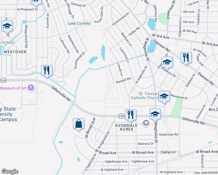 map of restaurants, bars, coffee shops, grocery stores, and more near 501-599 Russell Rd in Albany