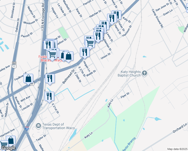 map of restaurants, bars, coffee shops, grocery stores, and more near 2810 Webb Street in Waco