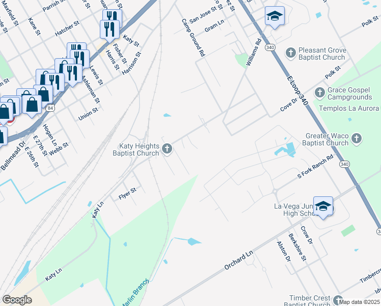 map of restaurants, bars, coffee shops, grocery stores, and more near 3809 Katy Lane in Waco