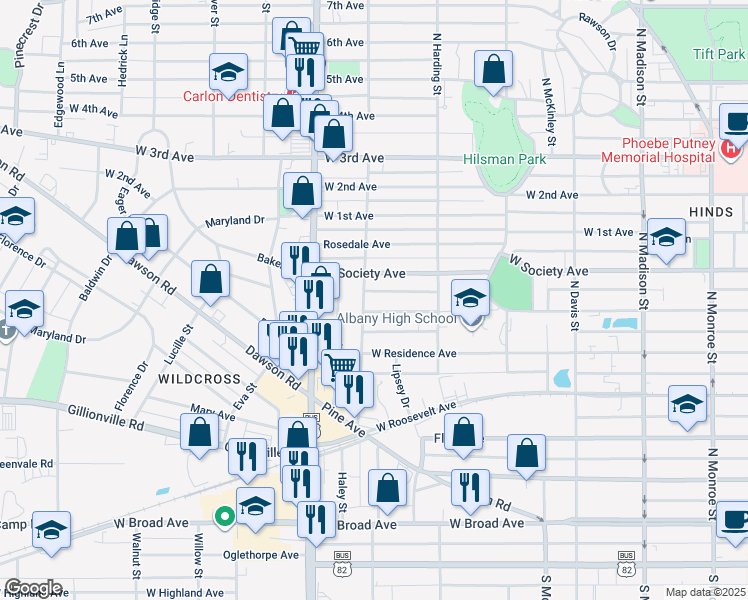 map of restaurants, bars, coffee shops, grocery stores, and more near 611 North Cleveland Street in Albany