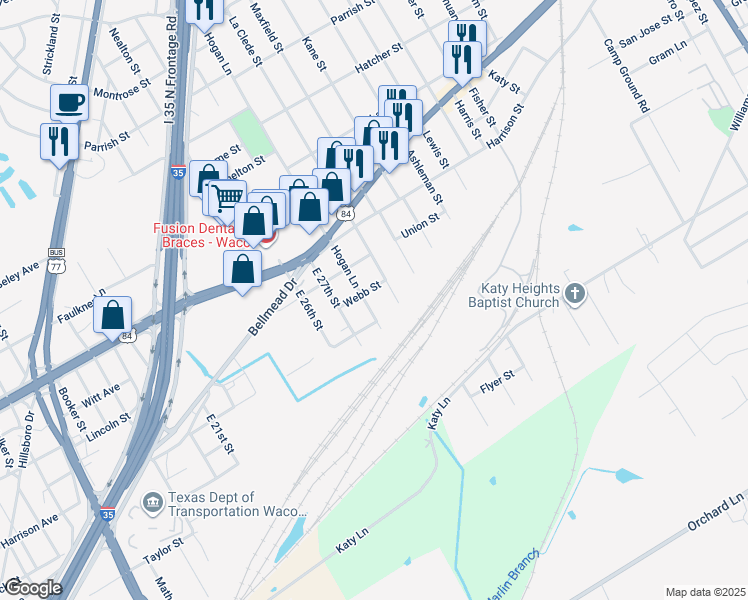 map of restaurants, bars, coffee shops, grocery stores, and more near 2810 Webb Street in Waco