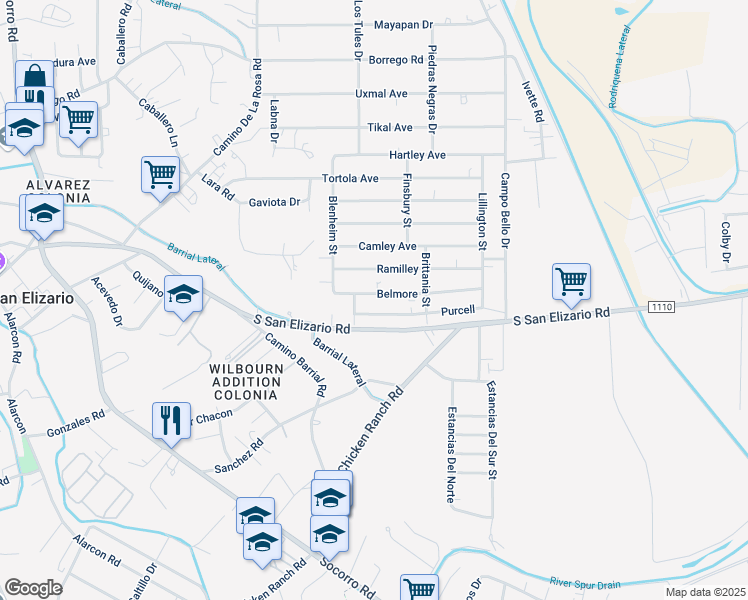map of restaurants, bars, coffee shops, grocery stores, and more near 489 Belmore in San Elizario