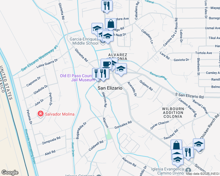 map of restaurants, bars, coffee shops, grocery stores, and more near in San Elizario