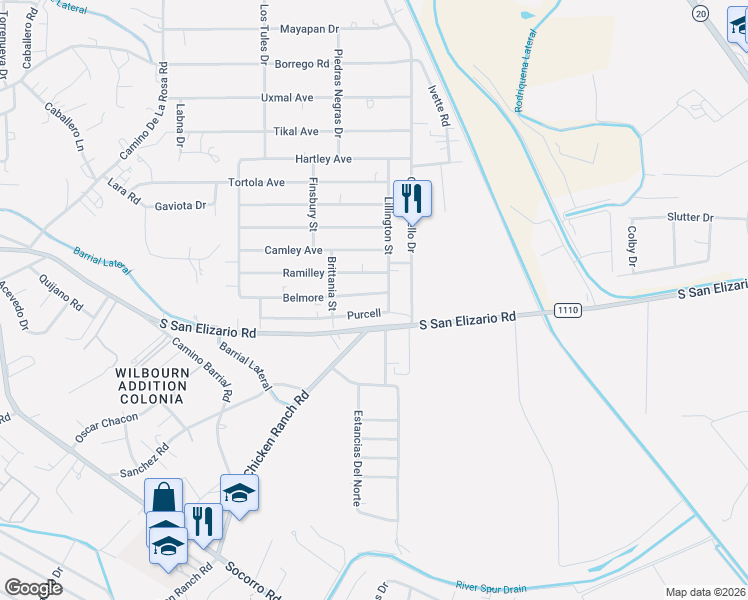 map of restaurants, bars, coffee shops, grocery stores, and more near 333 Belmore in San Elizario