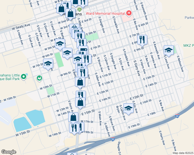 map of restaurants, bars, coffee shops, grocery stores, and more near 201-249 East 11th Street in Monahans