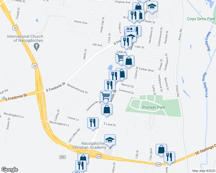 map of restaurants, bars, coffee shops, grocery stores, and more near 807 Richmond Street in Nacogdoches
