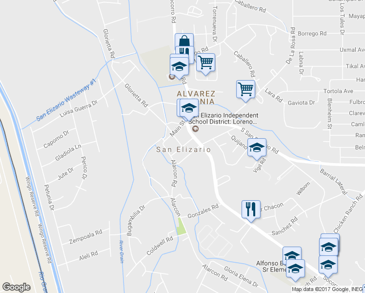 map of restaurants, bars, coffee shops, grocery stores, and more near 12799 Church Street in San Elizario