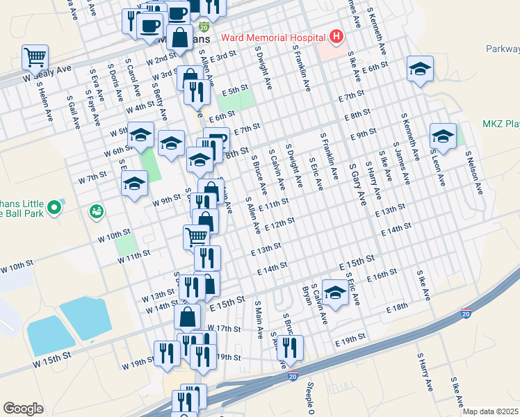 map of restaurants, bars, coffee shops, grocery stores, and more near 249 E 11th St in Monahans