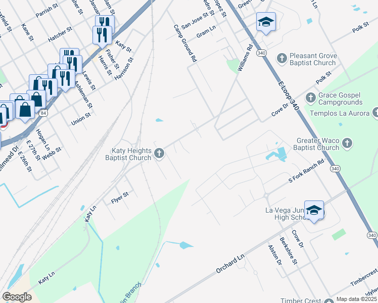 map of restaurants, bars, coffee shops, grocery stores, and more near 3809 Katy Lane in Waco
