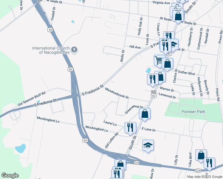 map of restaurants, bars, coffee shops, grocery stores, and more near 428 Meadowbrook Drive in Nacogdoches