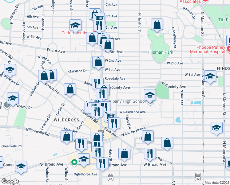 map of restaurants, bars, coffee shops, grocery stores, and more near 611 North Cleveland Street in Albany