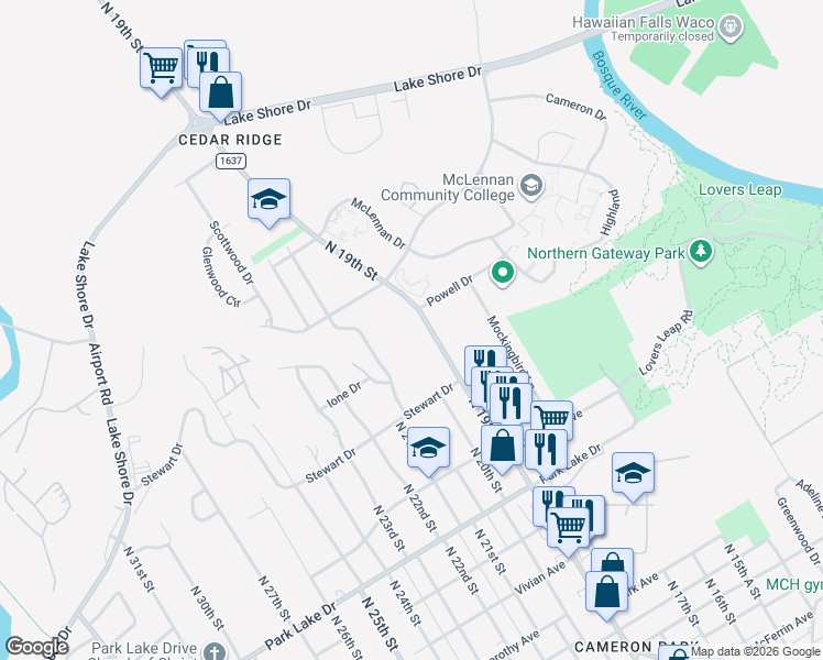 map of restaurants, bars, coffee shops, grocery stores, and more near 4400 North 19th Street in Waco