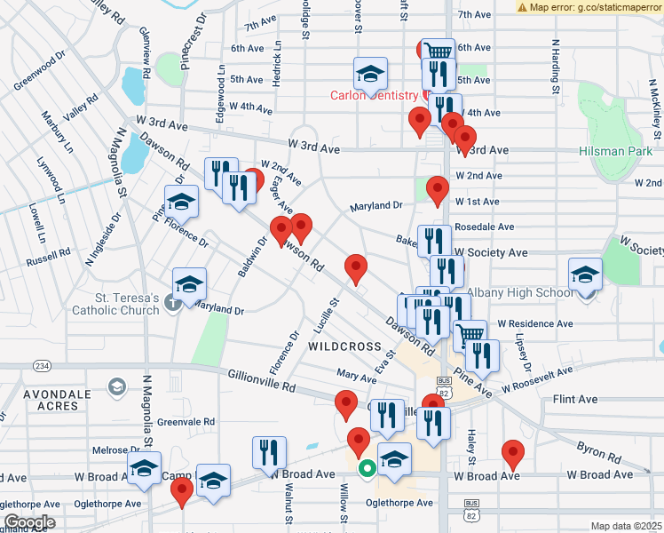 map of restaurants, bars, coffee shops, grocery stores, and more near 1209 Dawson Rd in Albany