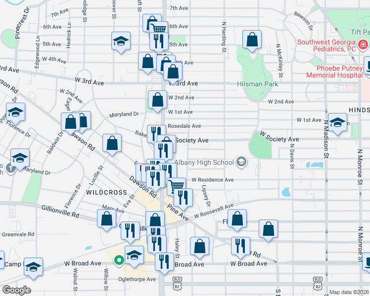 map of restaurants, bars, coffee shops, grocery stores, and more near 611 North Cleveland Street in Albany
