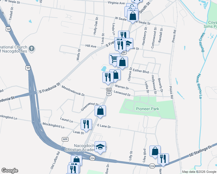 map of restaurants, bars, coffee shops, grocery stores, and more near 2214 South Street in Nacogdoches