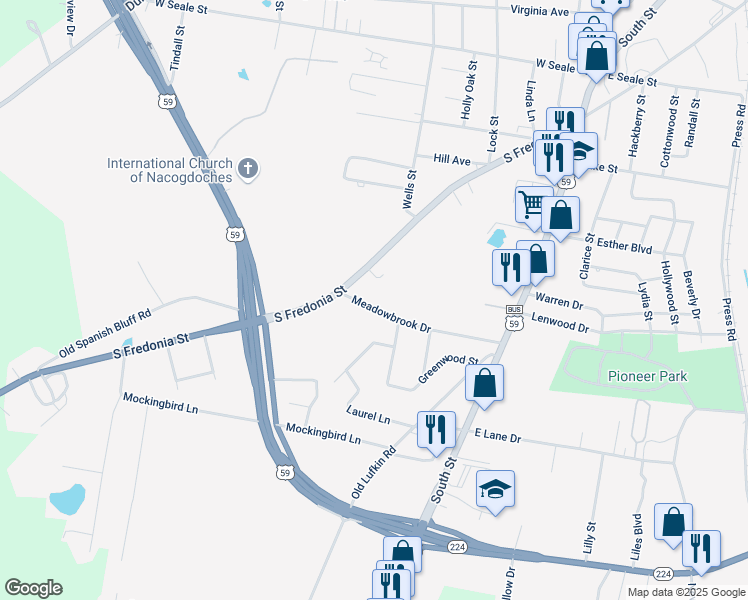 map of restaurants, bars, coffee shops, grocery stores, and more near 428 Meadowbrook Drive in Nacogdoches