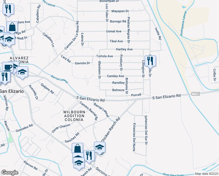 map of restaurants, bars, coffee shops, grocery stores, and more near 489 Belmore in San Elizario
