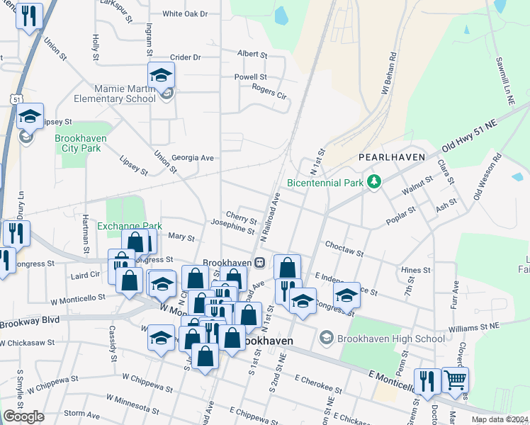 map of restaurants, bars, coffee shops, grocery stores, and more near 101 Olive Street in Brookhaven