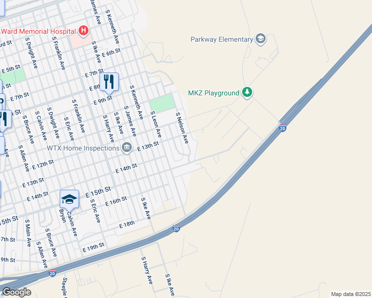map of restaurants, bars, coffee shops, grocery stores, and more near 1300-1320 South Murray Avenue in Monahans