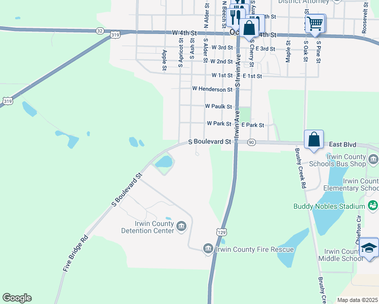 map of restaurants, bars, coffee shops, grocery stores, and more near 100 Woodland Circle in Ocilla