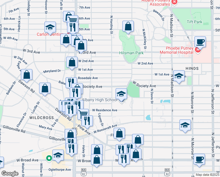 map of restaurants, bars, coffee shops, grocery stores, and more near 900 West Society Avenue in Albany