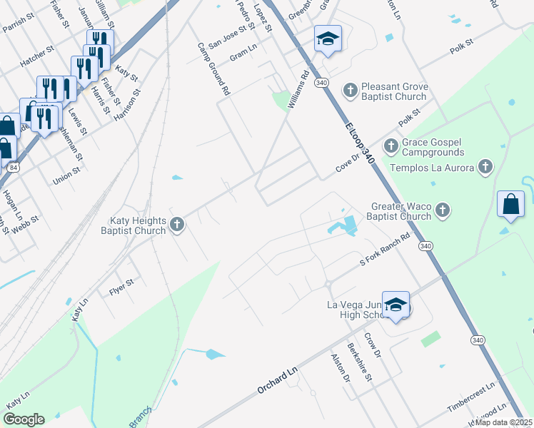 map of restaurants, bars, coffee shops, grocery stores, and more near 204 Coral Reef Road in Waco