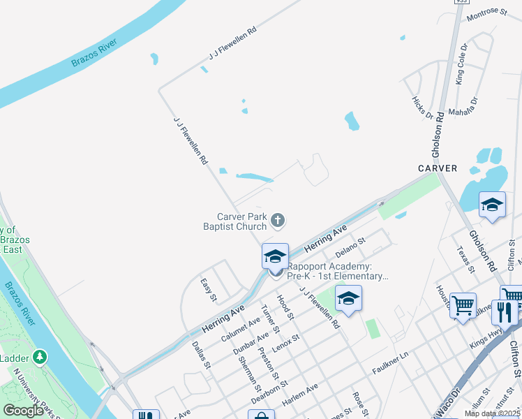 map of restaurants, bars, coffee shops, grocery stores, and more near 2401 J J Flewellen Road in Waco