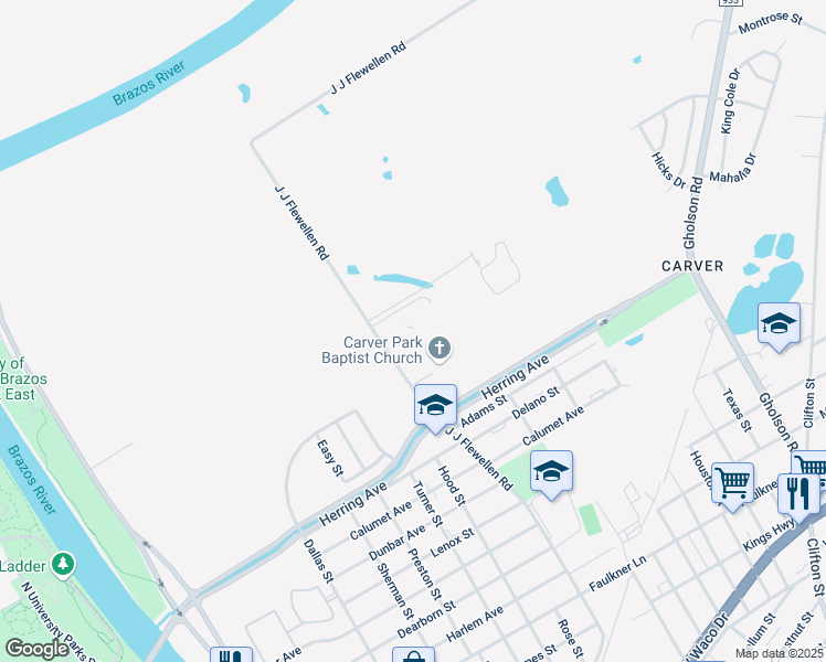 map of restaurants, bars, coffee shops, grocery stores, and more near 2401 J J Flewellen Road in Waco