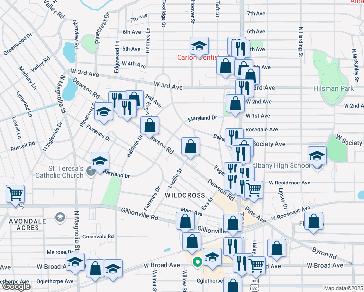 map of restaurants, bars, coffee shops, grocery stores, and more near 1209 Dawson Road in Albany