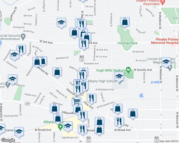 map of restaurants, bars, coffee shops, grocery stores, and more near 614 North Haley Street in Albany