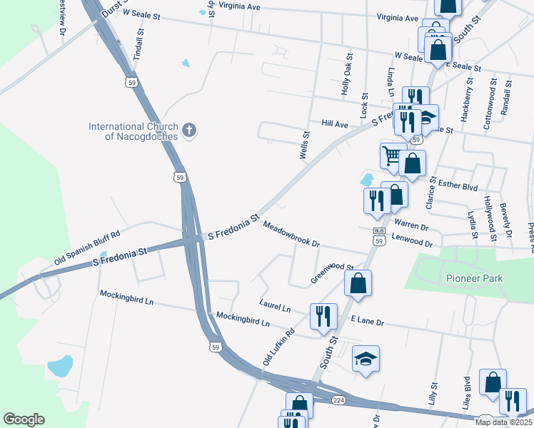 map of restaurants, bars, coffee shops, grocery stores, and more near 419-535 Meadowbrook Drive in Nacogdoches