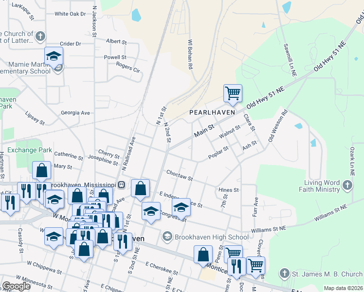 map of restaurants, bars, coffee shops, grocery stores, and more near 101-199 Weems Street in Brookhaven