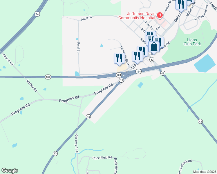 map of restaurants, bars, coffee shops, grocery stores, and more near Highway 13 in Prentiss