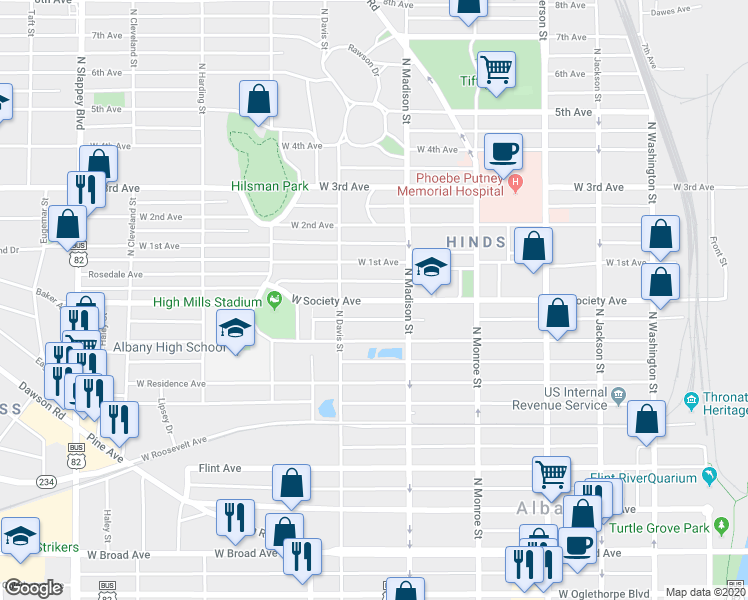 map of restaurants, bars, coffee shops, grocery stores, and more near 601 West Society Avenue in Albany