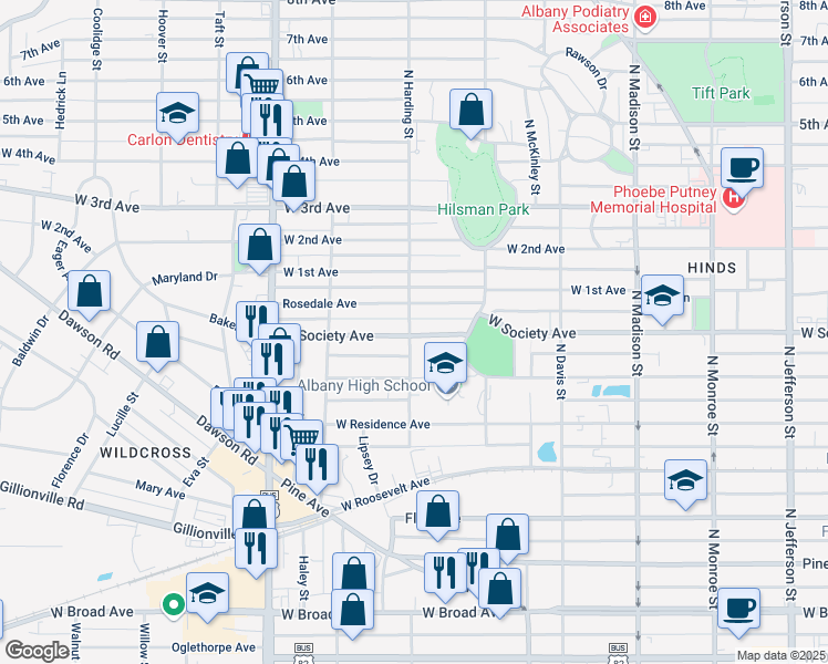 map of restaurants, bars, coffee shops, grocery stores, and more near 900 West Society Avenue in Albany