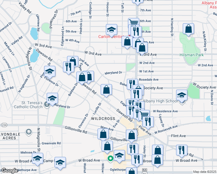 map of restaurants, bars, coffee shops, grocery stores, and more near 1139 Eager Avenue in Albany
