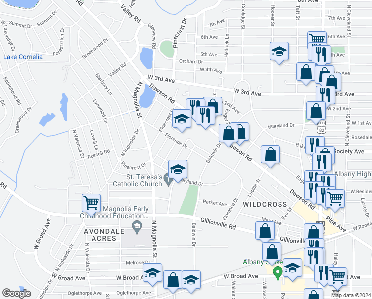 map of restaurants, bars, coffee shops, grocery stores, and more near 517 Edgewood Lane in Albany