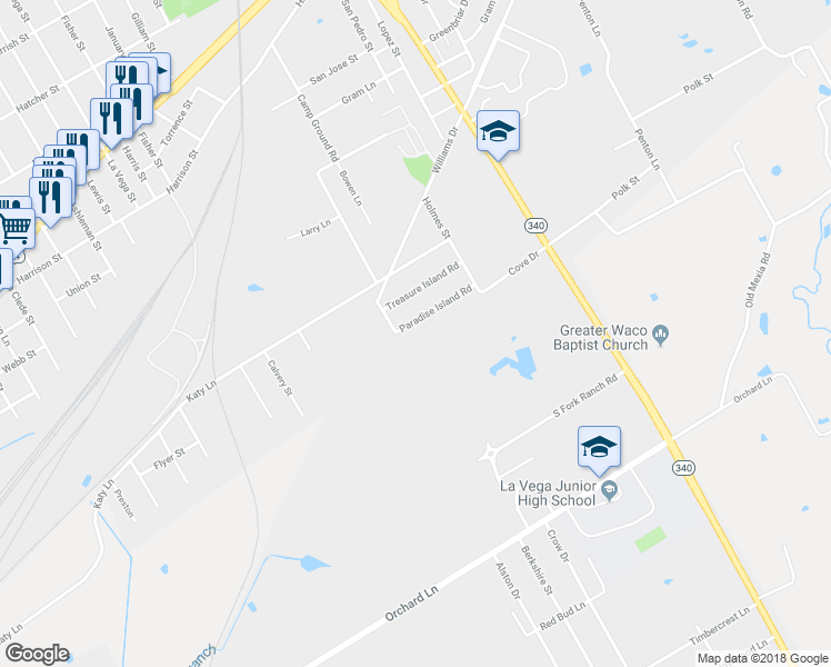 map of restaurants, bars, coffee shops, grocery stores, and more near 3919 Paradise Island Road in Waco