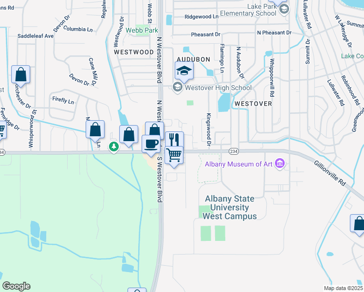map of restaurants, bars, coffee shops, grocery stores, and more near 2615 Gillionville Road in Albany