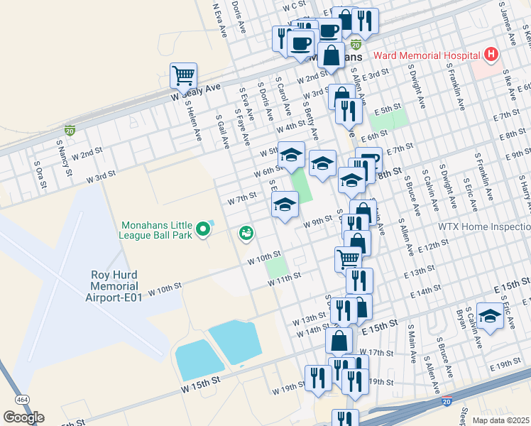 map of restaurants, bars, coffee shops, grocery stores, and more near 767 South Faye Avenue in Monahans