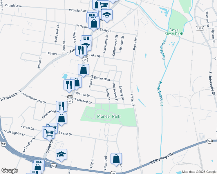 map of restaurants, bars, coffee shops, grocery stores, and more near 433 Sandra Jean Street in Nacogdoches