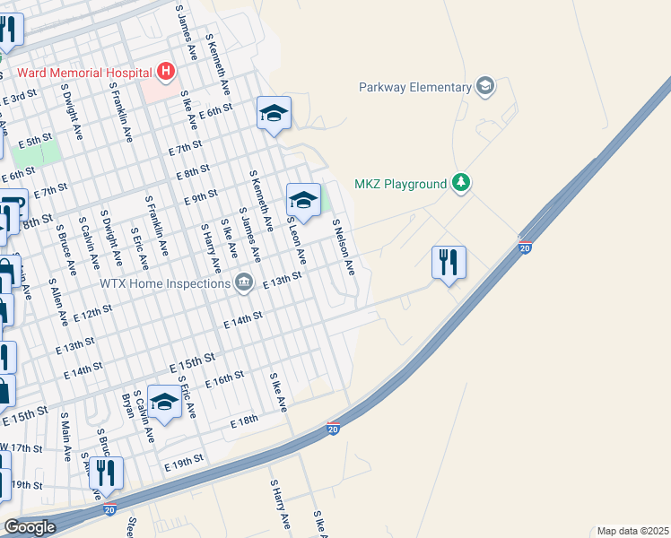 map of restaurants, bars, coffee shops, grocery stores, and more near 1300 South Murray Avenue in Monahans