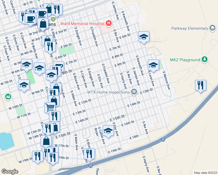 map of restaurants, bars, coffee shops, grocery stores, and more near 1101 South Franklin Avenue in Monahans