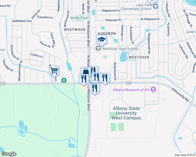 map of restaurants, bars, coffee shops, grocery stores, and more near 2615 Gillionville Road in Albany